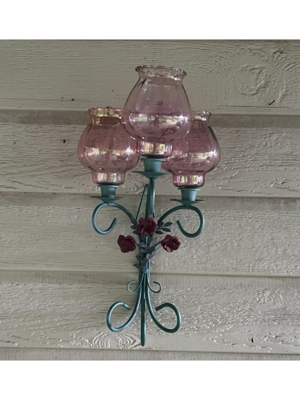 Vtg Green Toleware Triple Candelabra Wall Sconce 3 Globes Italian Regency Chic